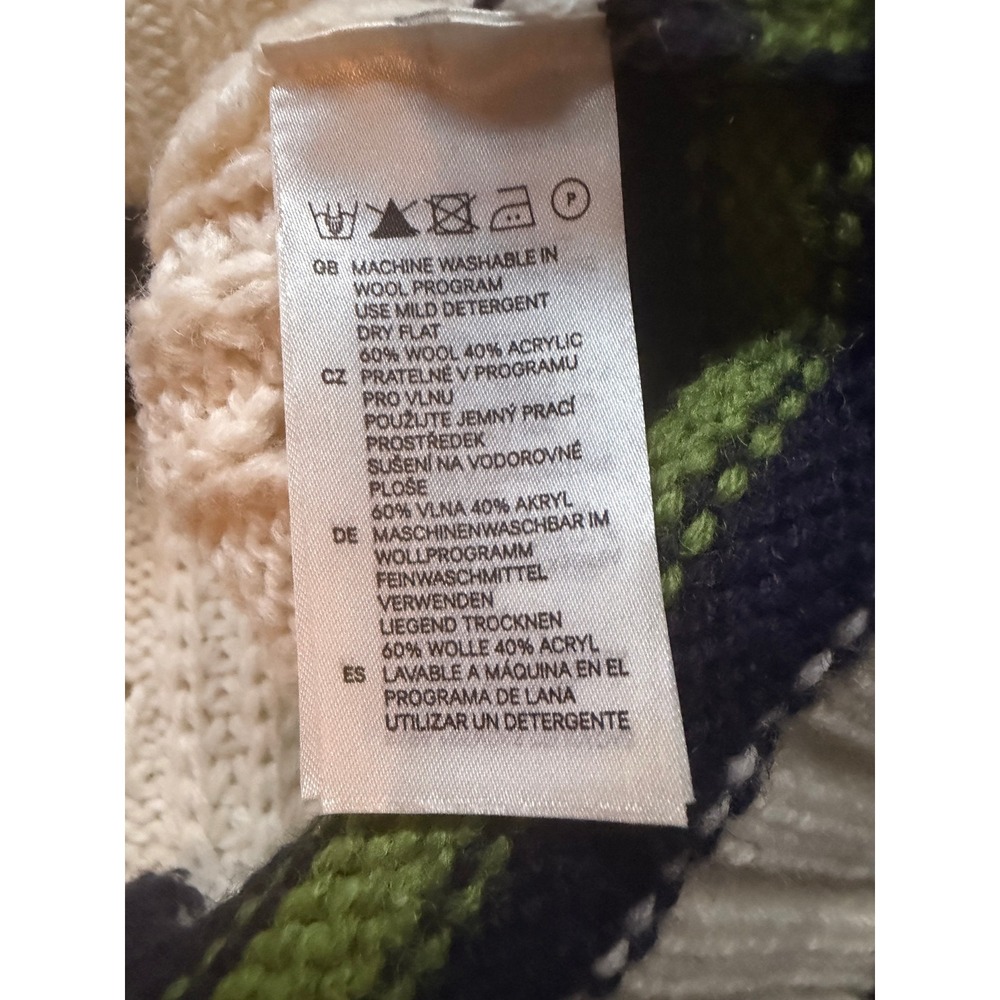 LOGG H&M Mens Wool Blend V-Neck Varsity Stripe Cable Knit Sweater Cream M Preppy - Picture 11 of 12